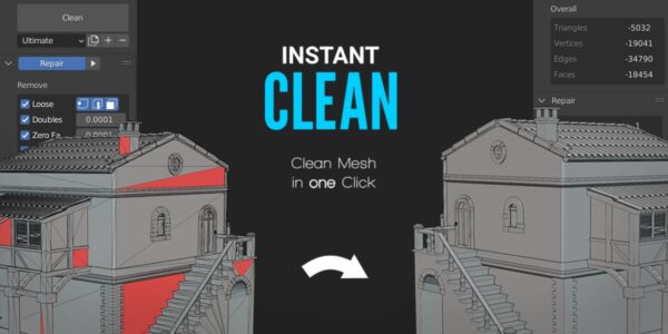 Instant Clean 1.2 — это аддон Blender для очистки сетки одним щелчком мыши для Blender, включающий простую в использовании систему пресетов.